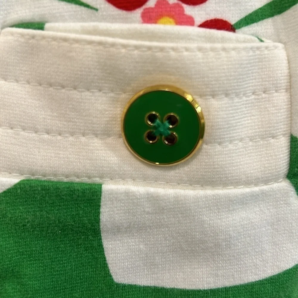 Green gap baby dress size two years white flower pattern green and gold buttons